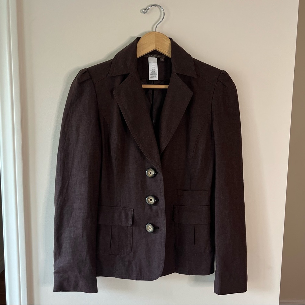 Vintage 2000s Designer Max Azria Euro Minimalist Brown Linen Blazer Jacket S - Picture 9 of 11